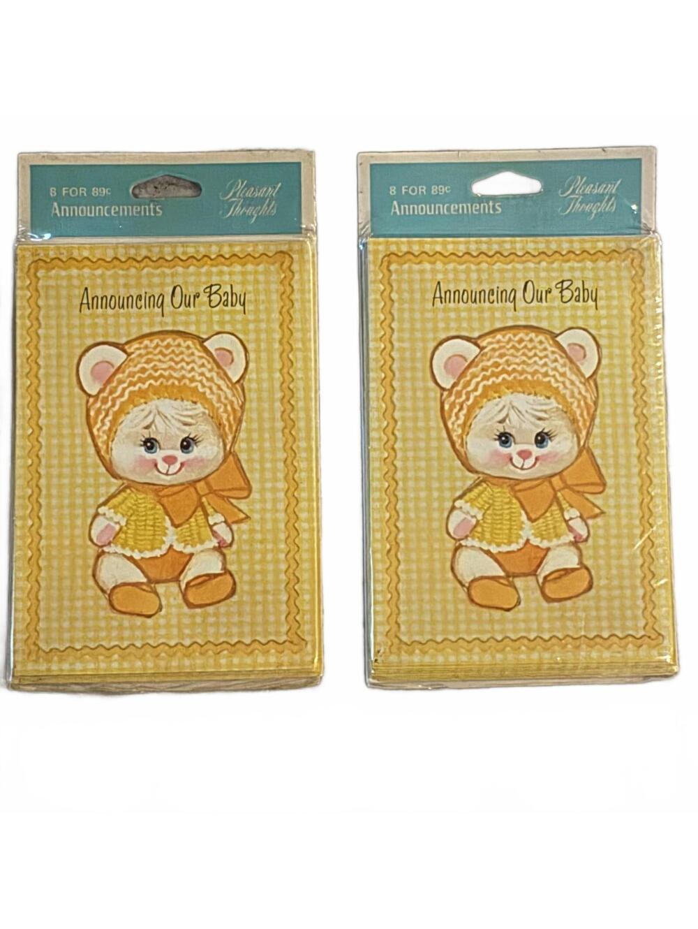 Vintage 70s Baby Announcements 16 Cards Unopened MCM Bear Pleasant Thoughts